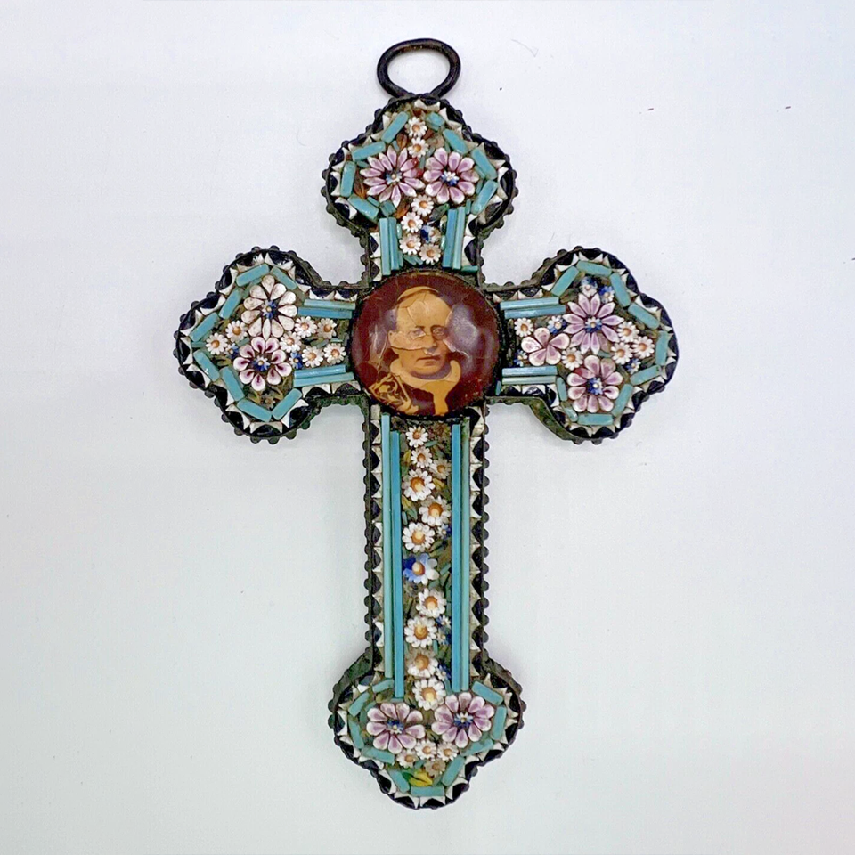 Antique Micro Mosaic 4 Cross Pendant Pope Pius XI Rome Brass Early 20th Century