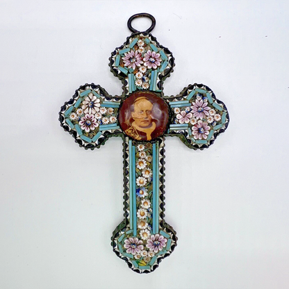 Antique Micro Mosaic 4 Cross Pendant Pope Pius XI Rome Brass Early 20th Century