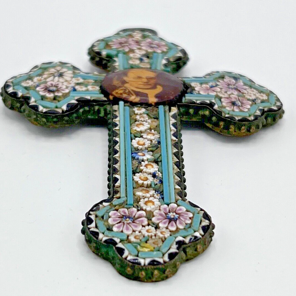 Antique Micro Mosaic 4 Cross Pendant Pope Pius XI Rome Brass Early 20th Century