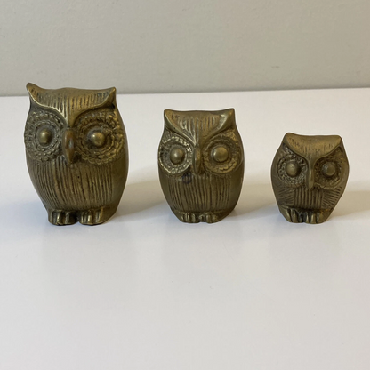 Brass Owl Family Figurines or Paperweights Set of Three (3) Vintage