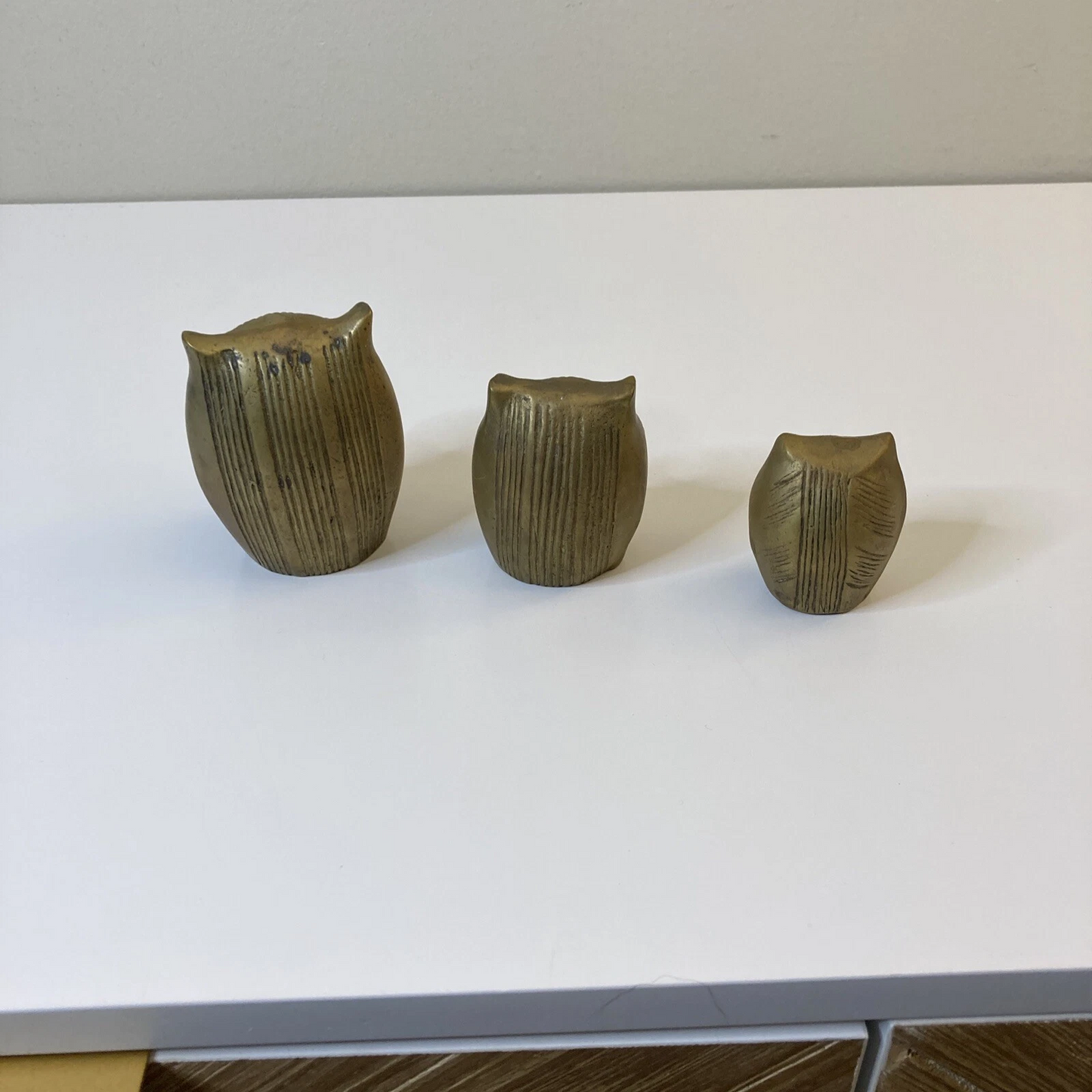 Brass Owl Family Figurines or Paperweights Set of Three (3) Vintage